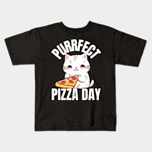 A Cat Enjoying a Purrfect Pizza Day Kids T-Shirt